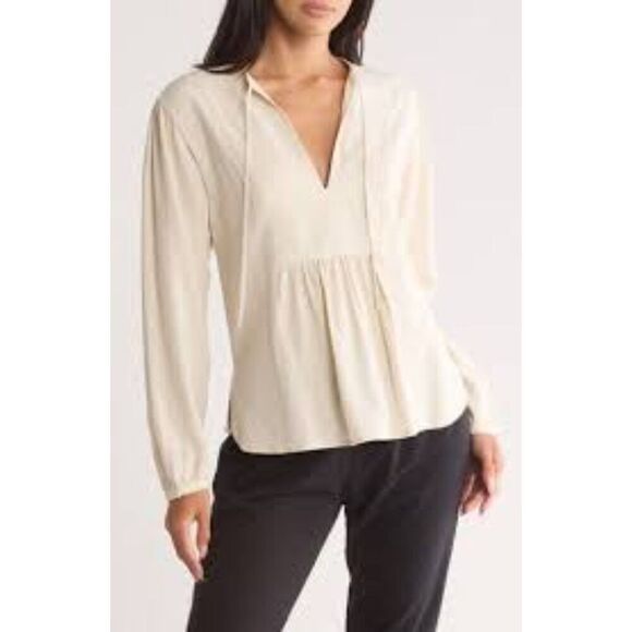 James Perse Women Ivory Cream V-Neck Linen Blend Peasant Blouse size 1 or Small - Picture 1 of 7